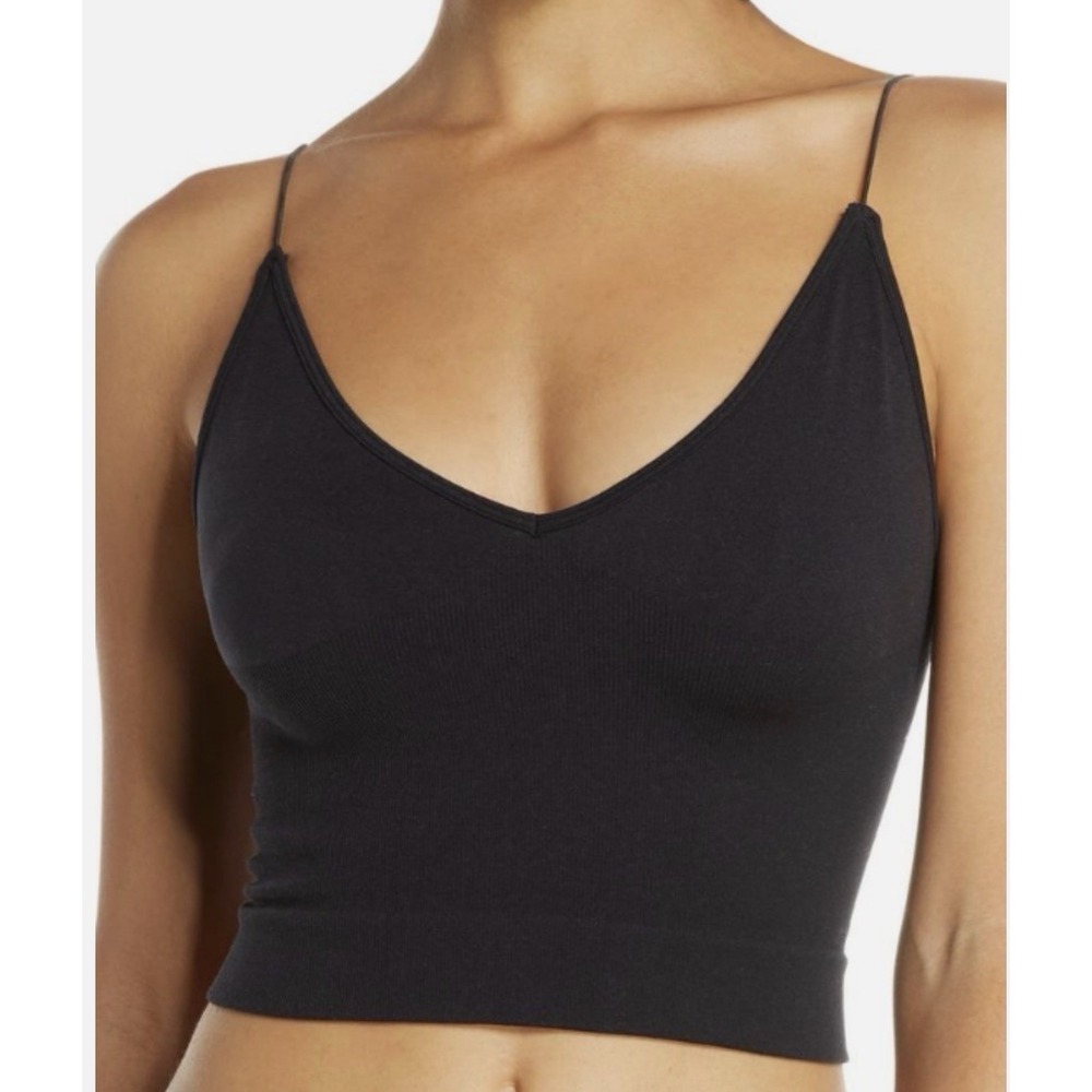 Free People Women's Black Ribbed V-Neck Crop Top Xs / Small Strappy Flattering